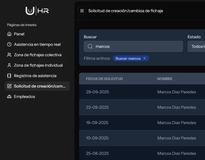 Solicitud de creación y cambios de fichaje (Modo Oscuro)